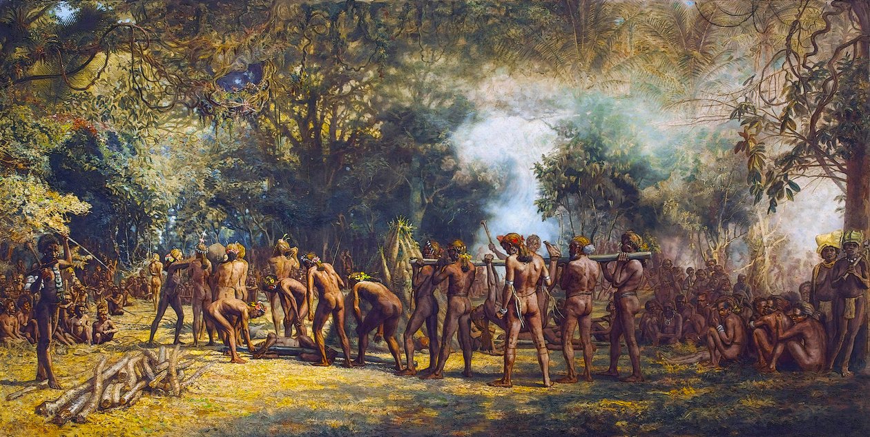 Kanibalská hostina na ostrově Tanna, Vanuatu kolem roku 1887 (olej na plátně) od Charles Gordon Frazer