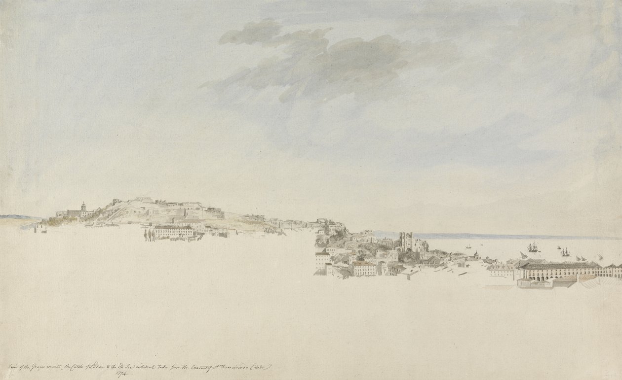 Lisabon, z kláštera sv. Františka z Citadely, 1774 (wc s perem a inkoustem přes grafit na papíře) od Charles Gore