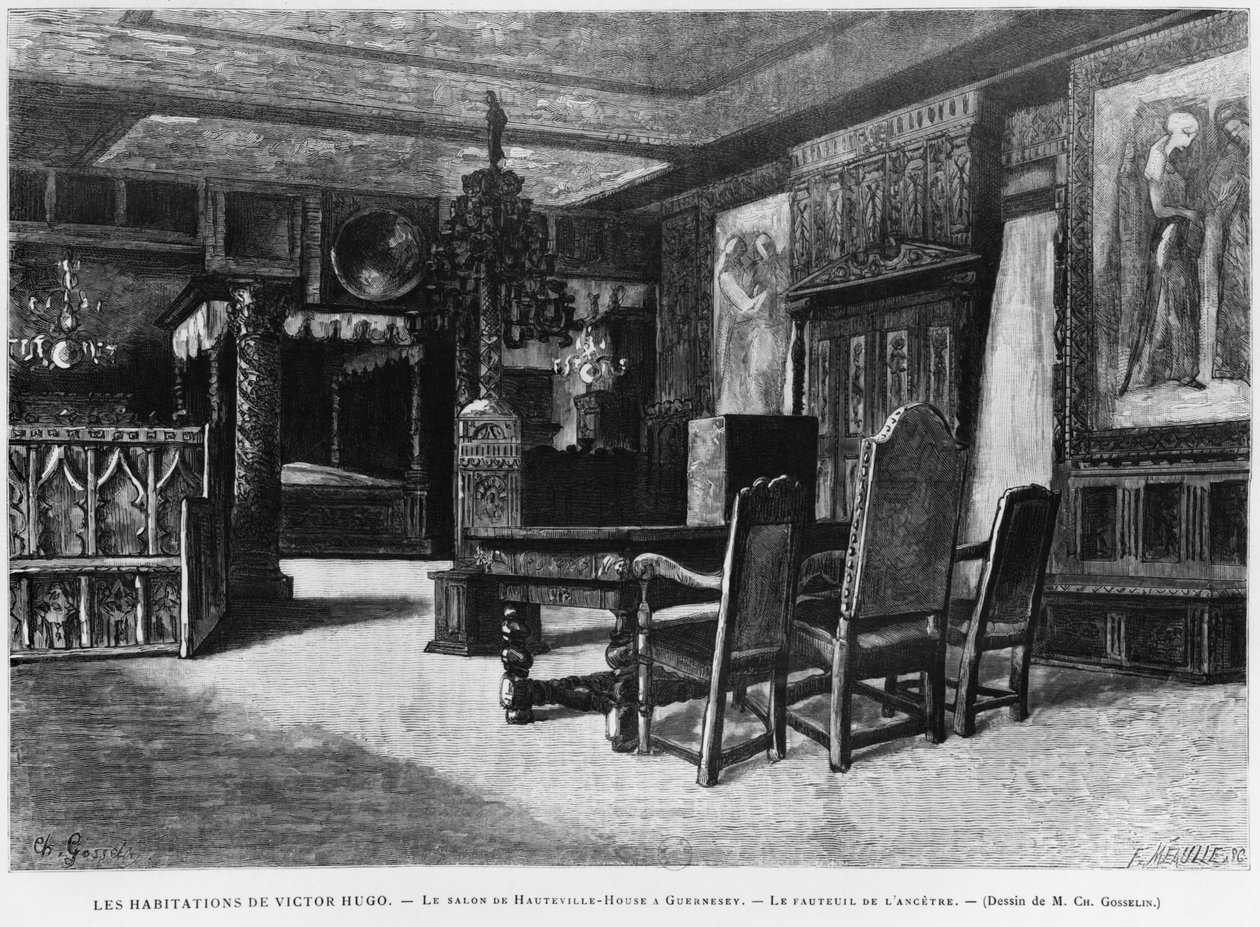Domovy Victora Huga, salonek v domě Hauteville na Guernsey, křeslo předka, vyryté Fortune Louis Meaulle (1844-1901) od Charles Gosselin