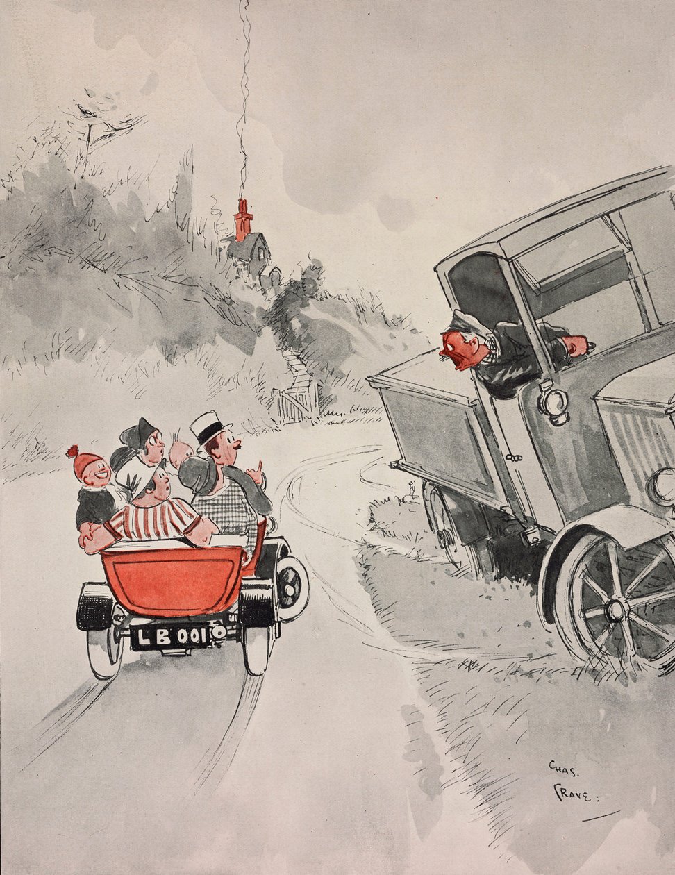 Konzervované sardinky a sarkastický řidič kamionu, kreslený film Chas Grave (1886-1944) z The Tatler, č. 1406, 6. června od Charles Grave