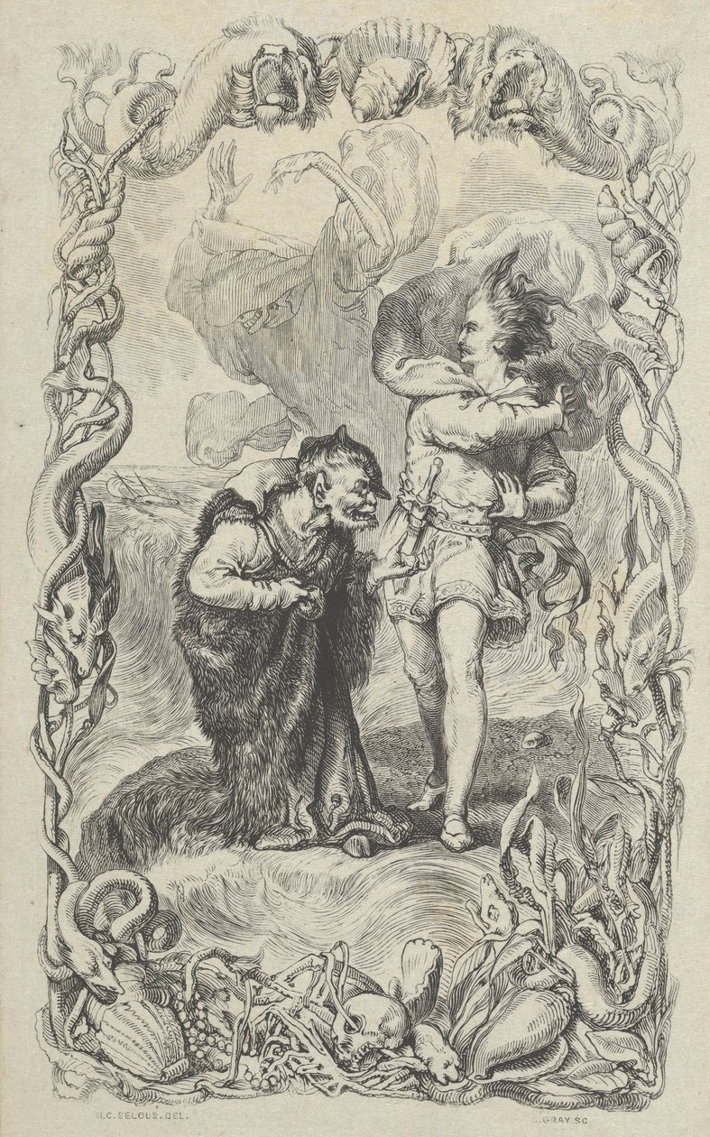 Ilustrace k Bouři: Kalibán, Ferdinand a Ariel, 1836. od Charles Gray