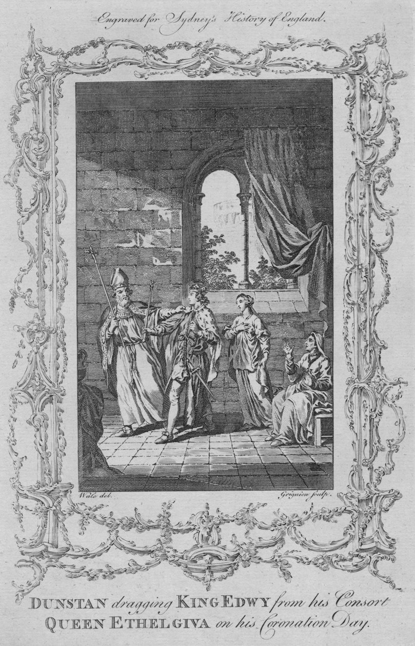 Dunstan táhne krále Edwyho z jeho manželky královny Ethelgiva v den korunovace, 1773. od Charles Grignion