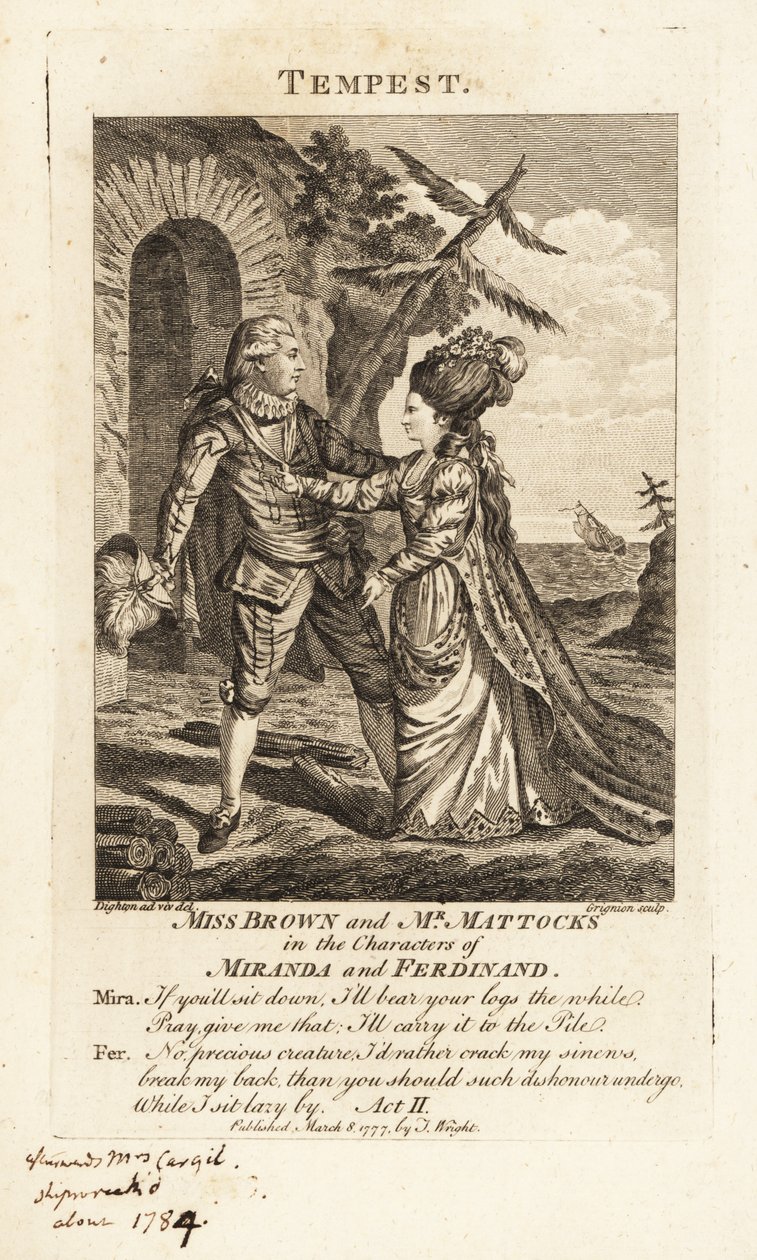 Slečna Ann Brownová a pan George Mattocks v postavách Mirandy a Ferdinanda v operní verzi Bouře Williama Shakespeara, Covent Garden Theatre od Charles Grignion