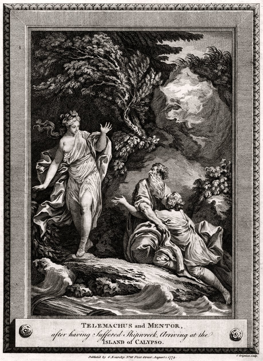 Telemachus a Mentor poté, co utrpěli ztroskotání, dorazí na ostrov Calypso, 1774 od Charles Grignion