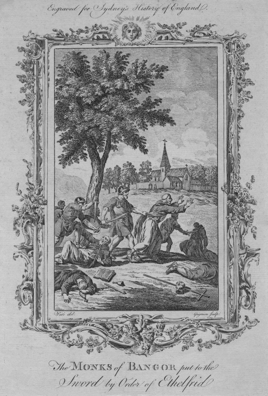 Mniši z Bangoru uvrženi k meči řádem Ethelfrida, 1773. od Charles Grignion