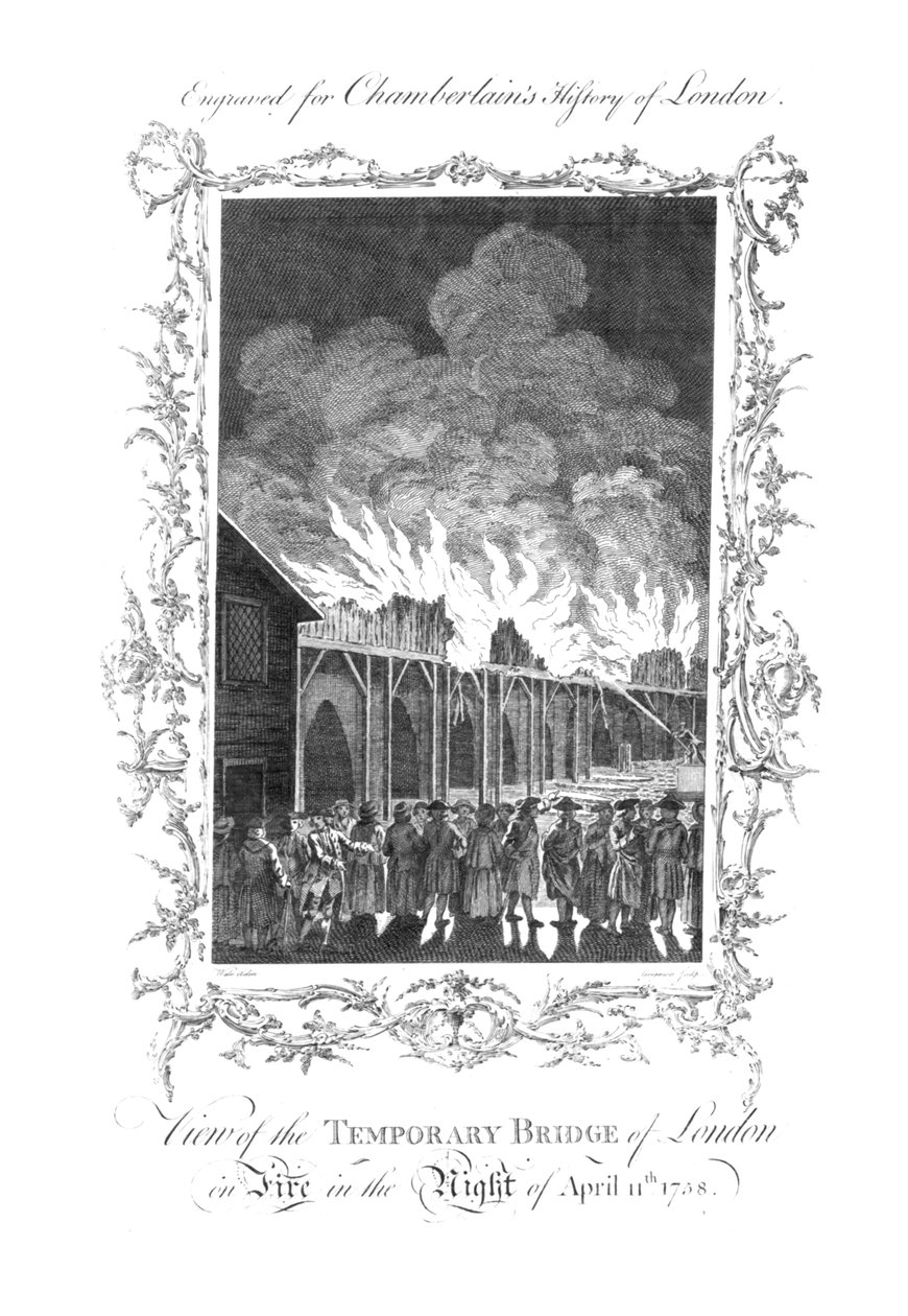 Pohled na Temporary Bridge of London on Fire...1758., c1770 od Charles Grignion