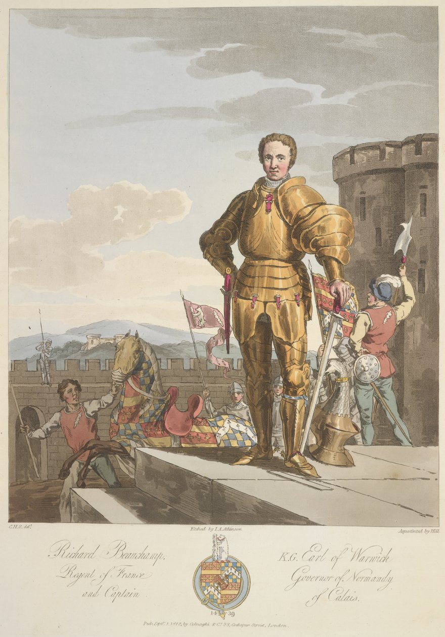 Richard Beauchamp (1381-1439) hrabě z Warwicku, Anno 1439, ilustrace z „Kostým původních obyvatel Britských ostrovů od nejstarších období do 6. století...“ od sira Samuela Rushe Meyricka a C.H. Smith, publikoval 1815 (barva od Charles Hamilton (after) Smith