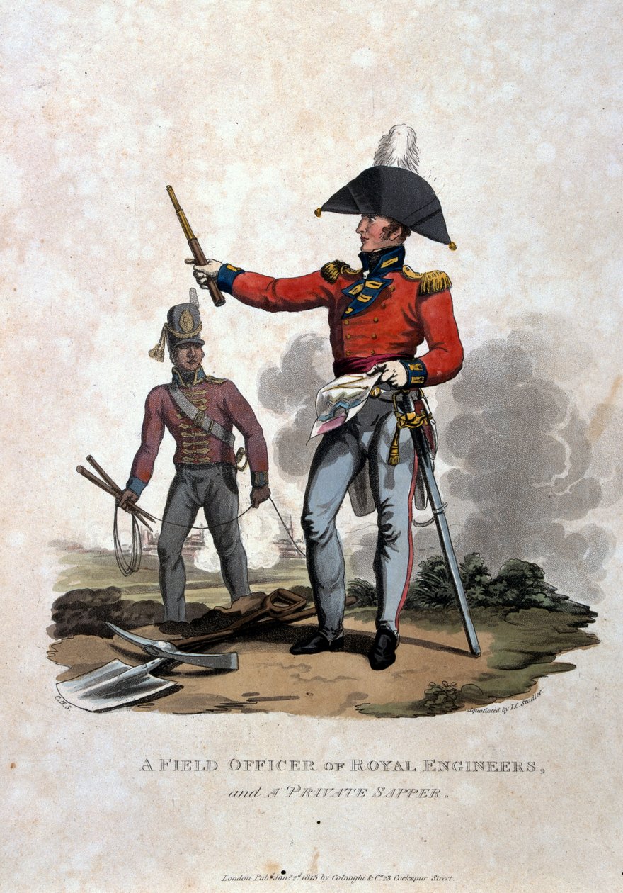 Polní důstojník královských inženýrů a soukromý sapper, z „Kostýmy armády Britského impéria, podle posledních předpisů z roku 1812“, vydané Colnaghi und Co. 1812-15 (barevné aquati od Charles Hamilton Smith