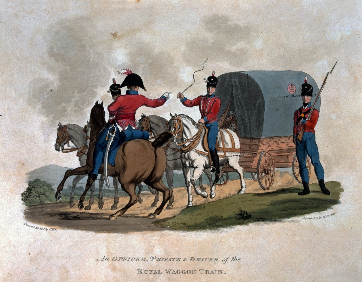 Důstojník, vojín a řidič vlaku Royal Waggon Train, z „Kostýmy armády Britského impéria, podle posledních předpisů z roku 1812“, vyrytý J. C. Stadlerem, vydal Colnaghi und od Charles Hamilton Smith