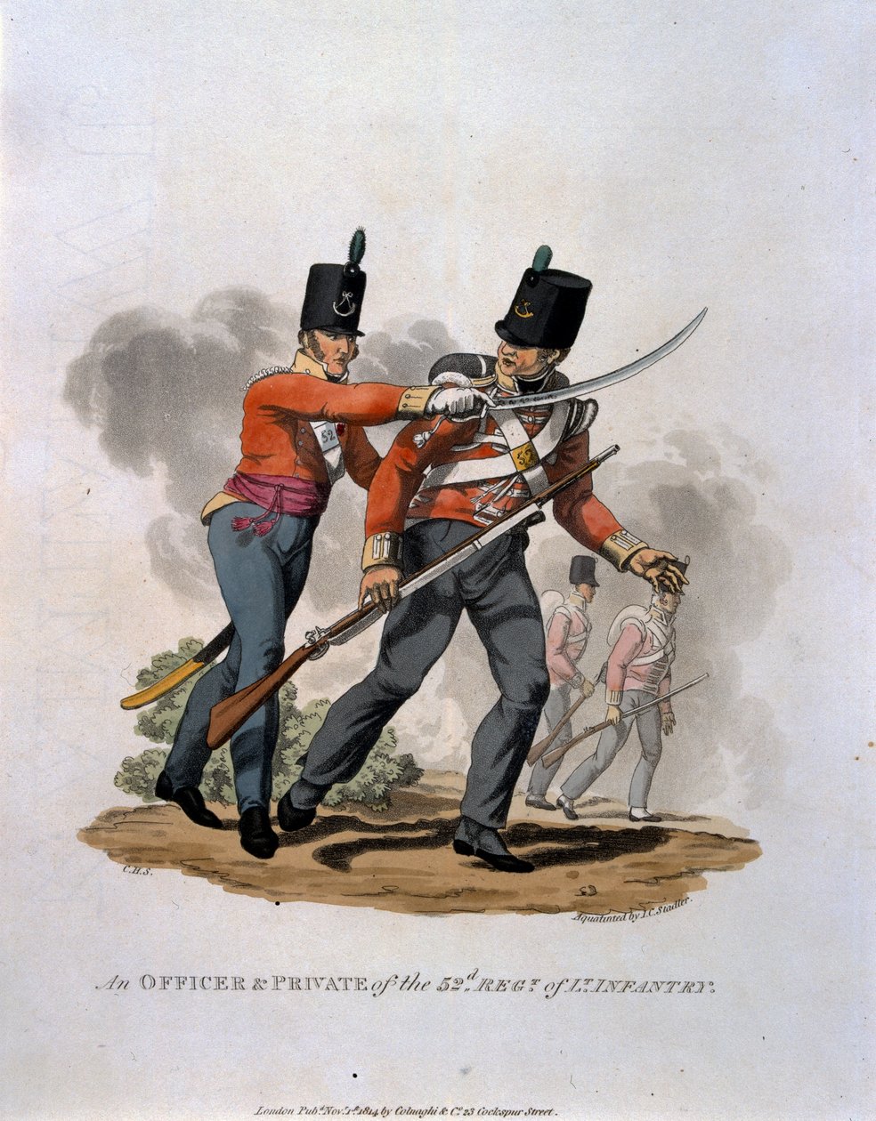 Důstojník a vojín 53. pluku lehké pěchoty, z „Kostýmy armády Britského impéria, podle posledních předpisů z roku 1812“, vyryl J.C. Stadler, vydal Colnagh od Charles Hamilton Smith