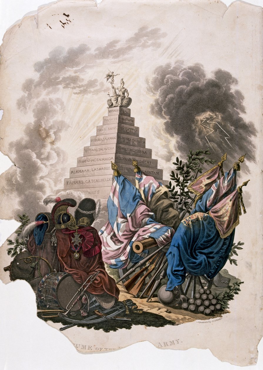 Frontispis z Charlese Hamiltona Smithe „Kostýmy armády Britského impéria, podle posledních předpisů z roku 1812“, akvatinta od J.C. Stadlera, vydal Colnaghi and Co, 1812-15 (barva od Charles Hamilton Smith