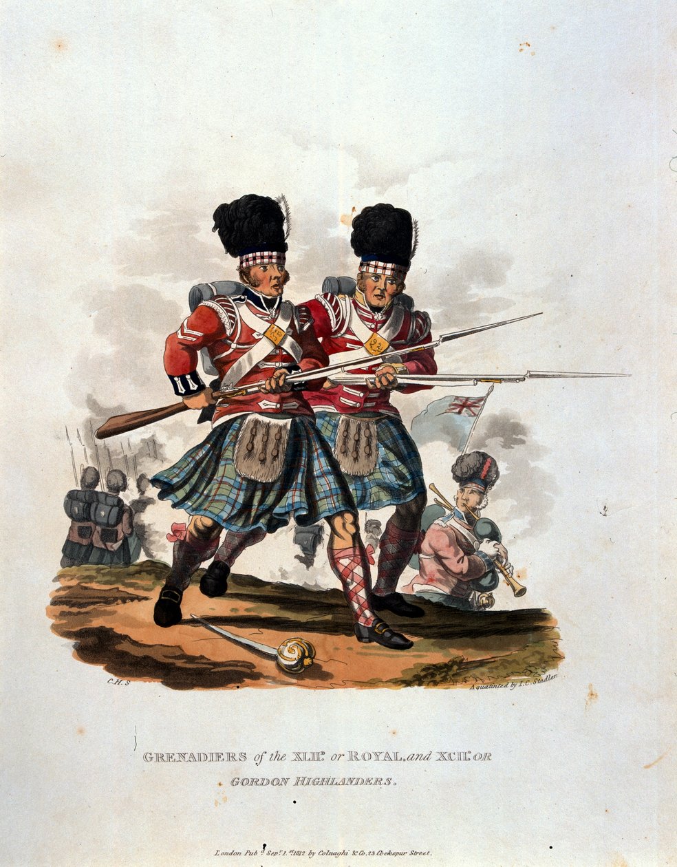 Granátníci 42. (neboli královské) a 141. nebo Gordon Highlanders, z ‚Costumes of the Army of the British Empire, podle posledních předpisů 1812‘, vyryto J.C. Stadlerem, vydal Co. od Charles Hamilton Smith