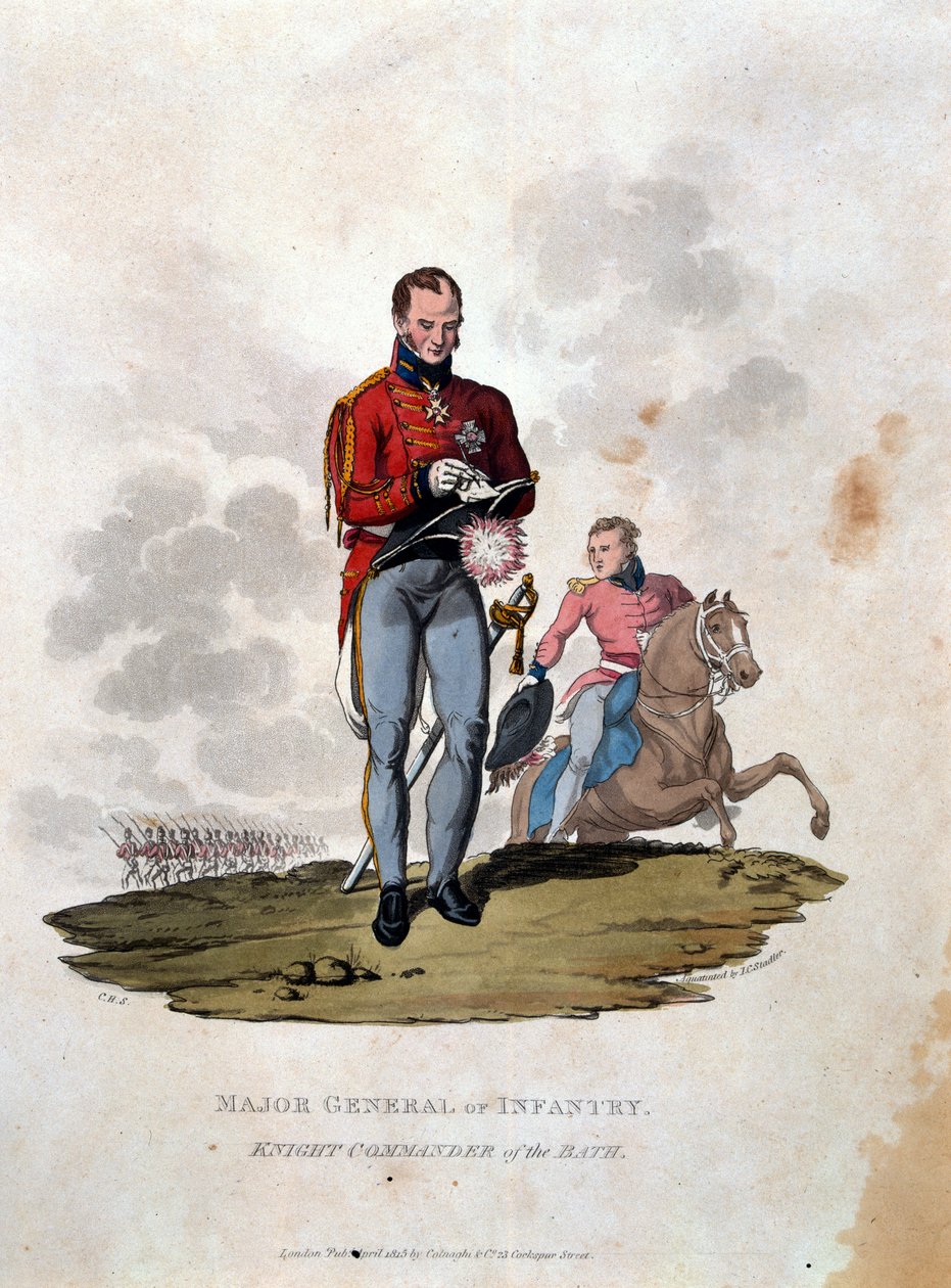 Generálmajor pěchoty Knight Commander of the Bath, z „Kostýmy armády Britského impéria, podle posledních předpisů z roku 1812“, vyryto J.C. Stadlerem, vydal Colnaghi und Co. od Charles Hamilton Smith