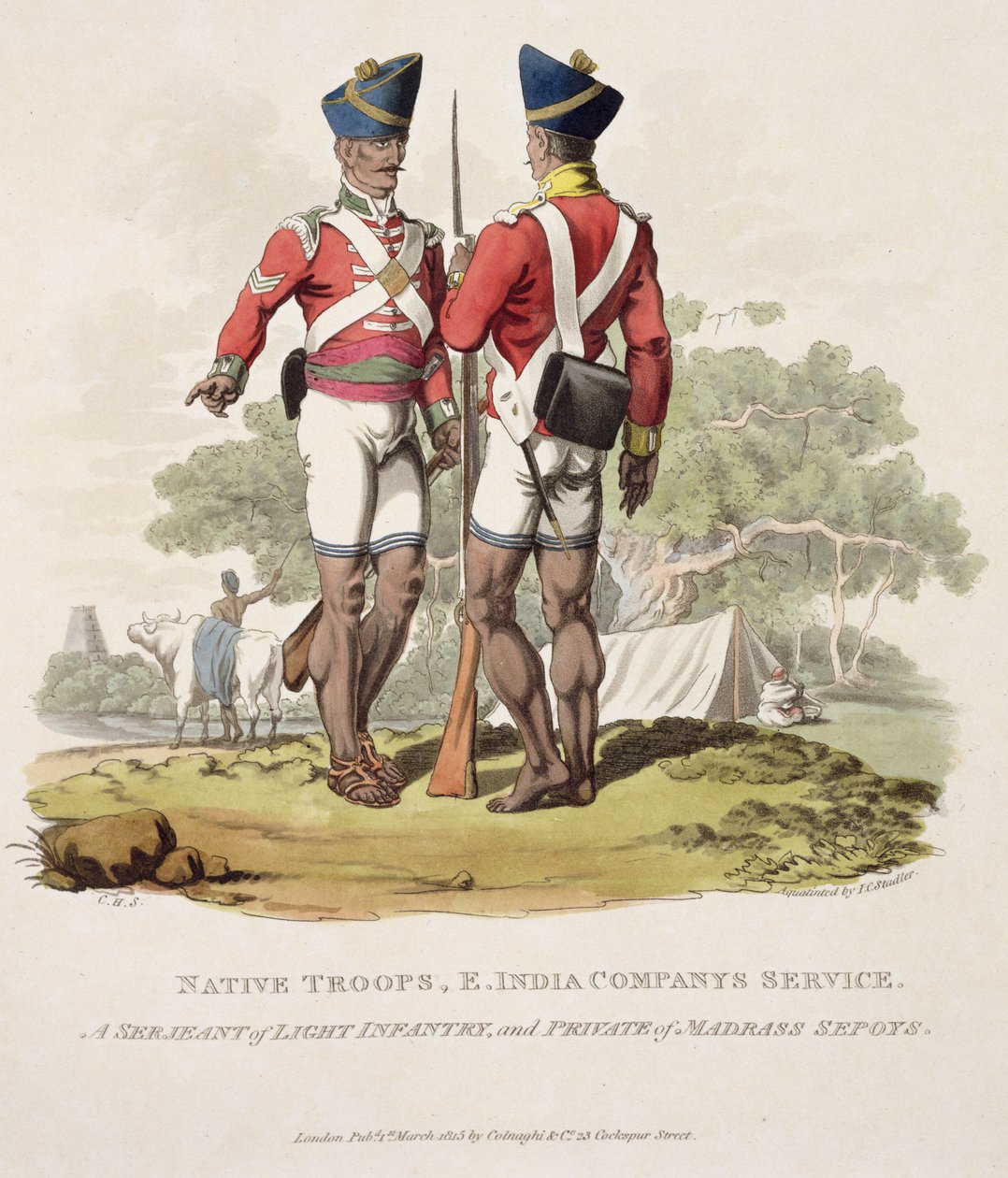 Domorodí vojáci ve službách Východoindické společnosti: seržant lehké pěchoty a vojín z Madras Sepoys, vyryl Joseph Constantine Stadler, 1815 (akvatinta) od Charles Hamilton Smith