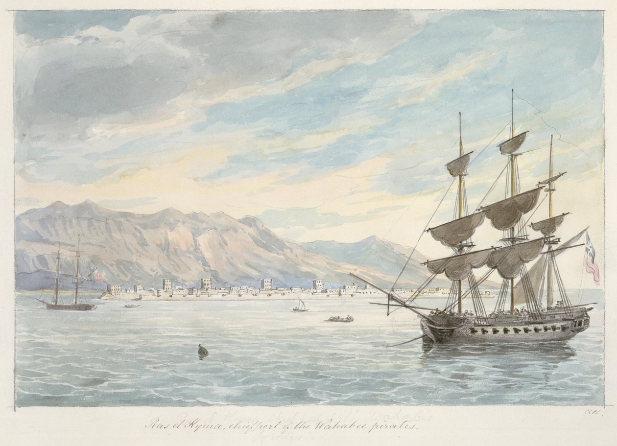 Ras el Kijma, hlavní přístav wakabeeských pirátů, asi 19. století (grafit a akvarel) od Charles Hamilton Smith
