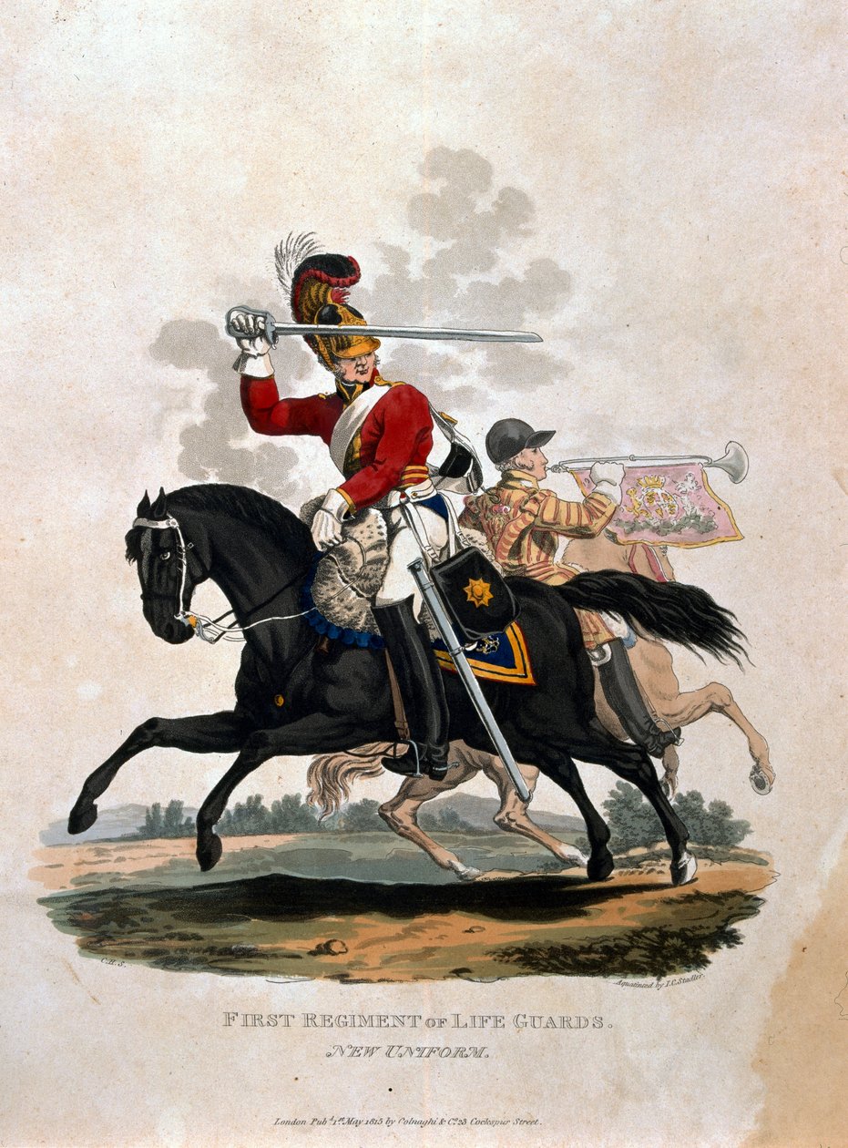 Voják z prvního pluku záchranné stráže, z knihy "Kostýmy armády britského impéria podle posledních předpisů z roku 1812", vyryl J. C. Stadler, vydáno Colnaghi und Co. 1812-15. od Charles Hamilton Smith