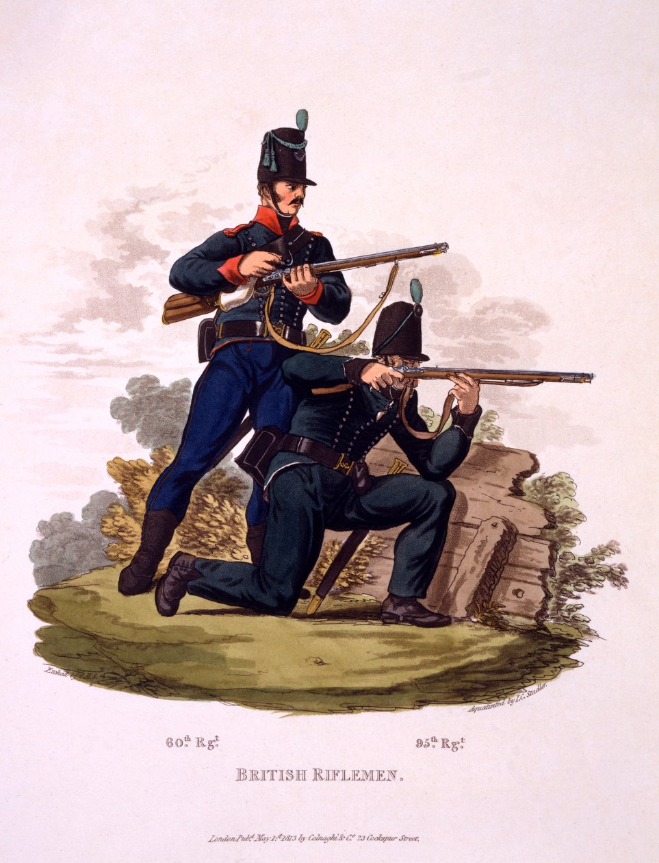 Uniforma britských střelců (60. a 95. pluk), z „Kostým britského impéria podle posledních předpisů“, vydané v roce 1813 (ručně kolorovaná akvatinta) od Charles Hamilton Smith