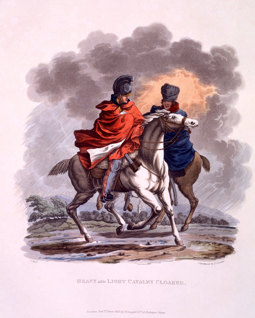 Uniforma těžké a lehké kavalérie zahalená, z „Kostýmu Britského impéria, podle posledních předpisů“, publikovaná v roce 1815 (ručně kolorovaná akvatinta) od Charles Hamilton Smith