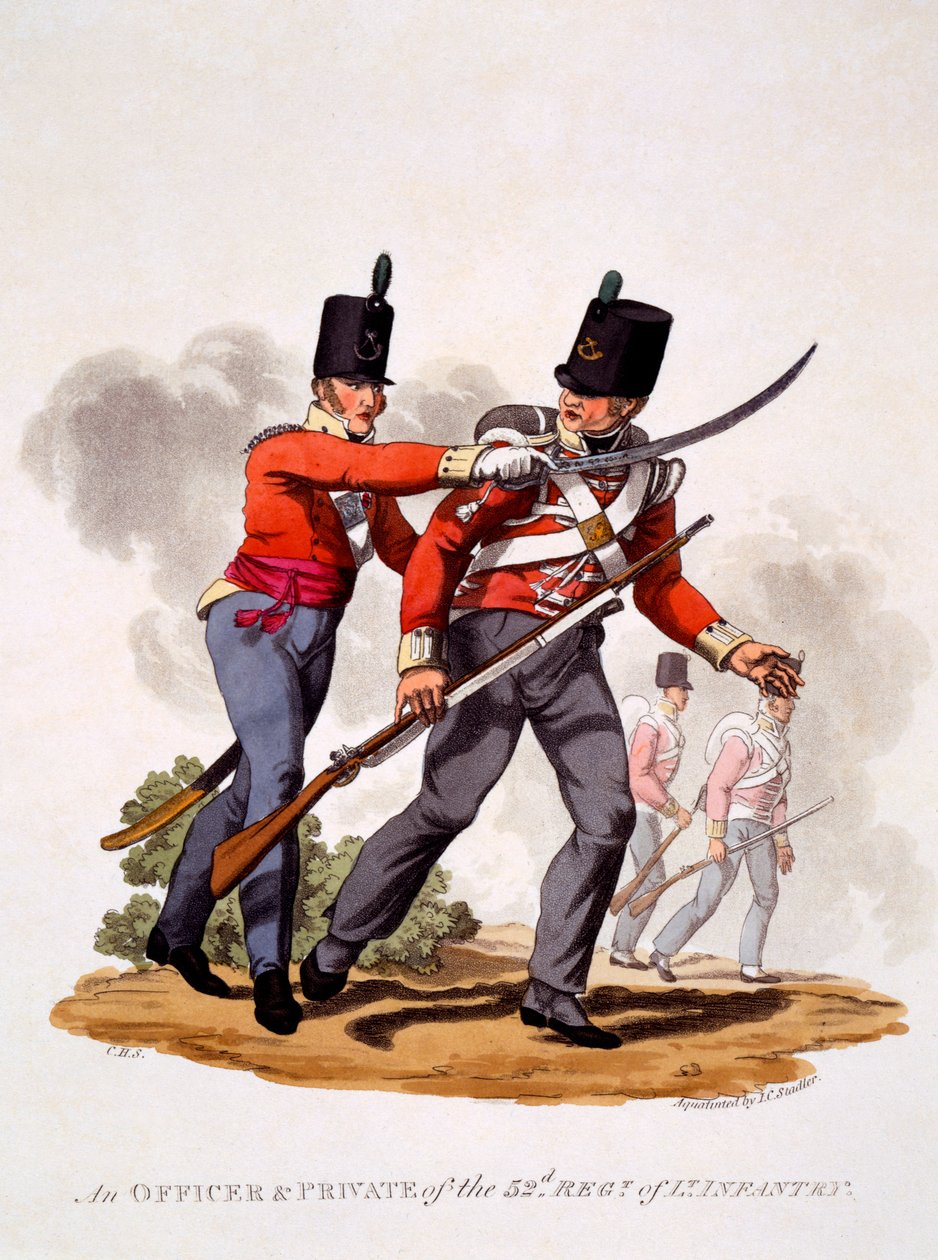 Uniforma důstojníka a vojína 52. Regt. Of Light Infantry, vyryl Joseph Constantine Stadler (fl.1780-1812), 1812-15 (ručně kolorovaná akvatinta) od Charles Hamilton Smith