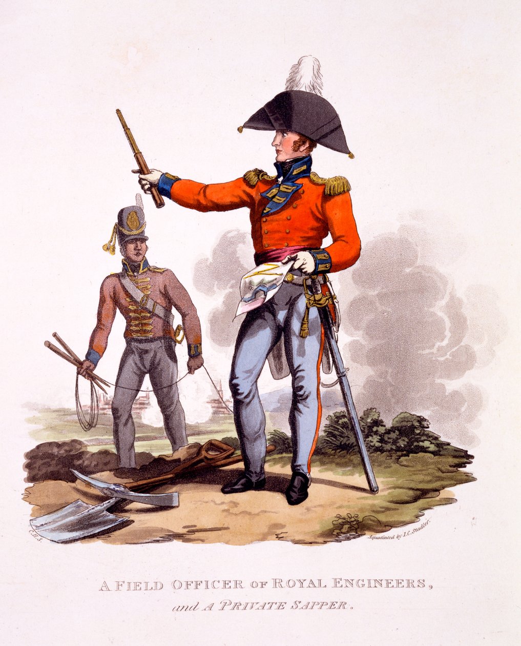 Uniforma polního důstojníka královských inženýrů a soukromého sappera z „Kostýmu Britského impéria podle posledních předpisů“, publikovaná v roce 1815 (ručně kolorovaná akvatinta) od Charles Hamilton Smith