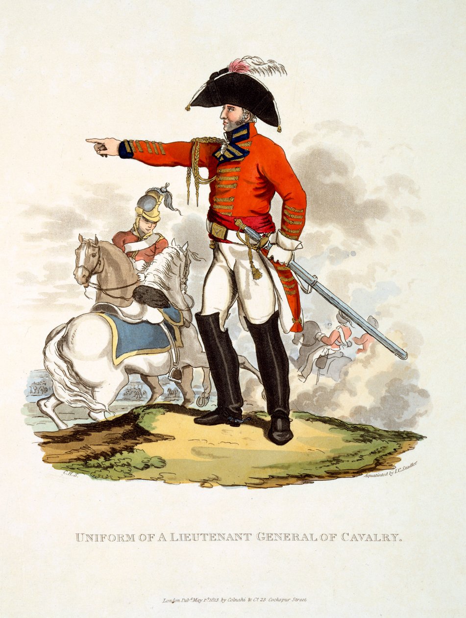 Uniforma generálporučíka kavalérie z „Kostýmu Britského impéria podle posledních předpisů“, publikovaná v roce 1813 (ručně kolorovaná akvatinta) od Charles Hamilton Smith