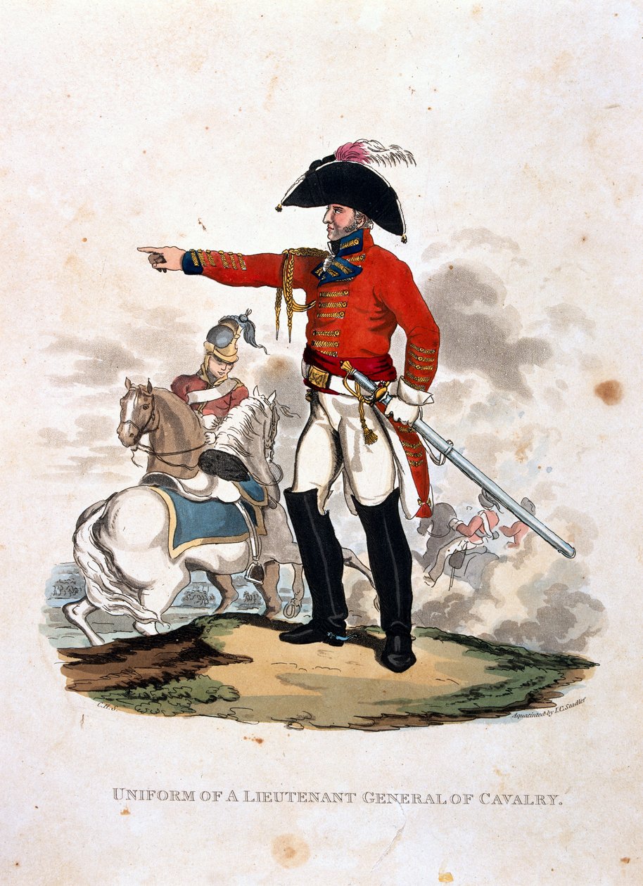 Uniforma generálporučíka jezdectva, z knihy "Costumes of the Army of the British Empire, according to the last regulations 1812", vyryl J. C. Stadler, vydáno Colnaghi und Co. 1812-15 (col. od Charles Hamilton Smith