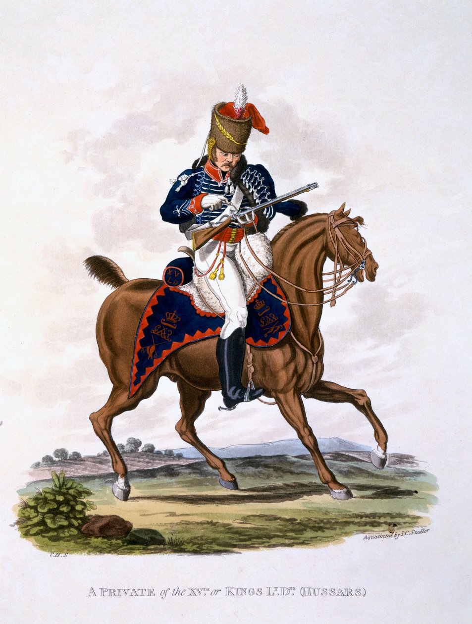 Uniforma vojína 15. nebo králových lehkých dragounů (husarů), z „Kostýmu Britského impéria podle posledních předpisů“, vydaného v letech 1812-15 (ručně kolorovaná akvatinta) od Charles Hamilton Smith