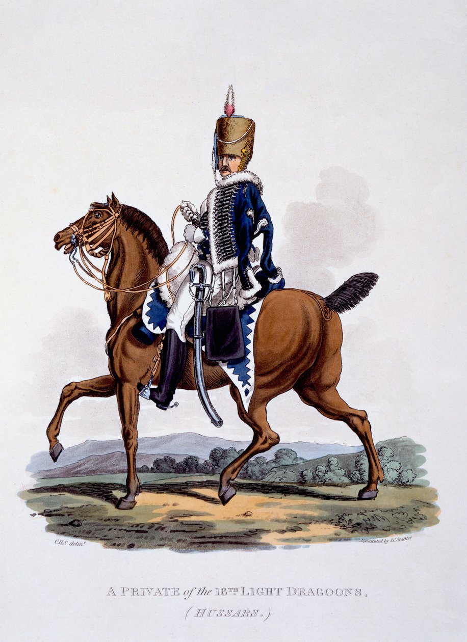 Uniforma vojína 18. lehkých dragounů (husarů), z „Kostýmu Britského impéria podle posledních předpisů“, vydané 1812-15 (ručně kolorovaná akvatinta) od Charles Hamilton Smith