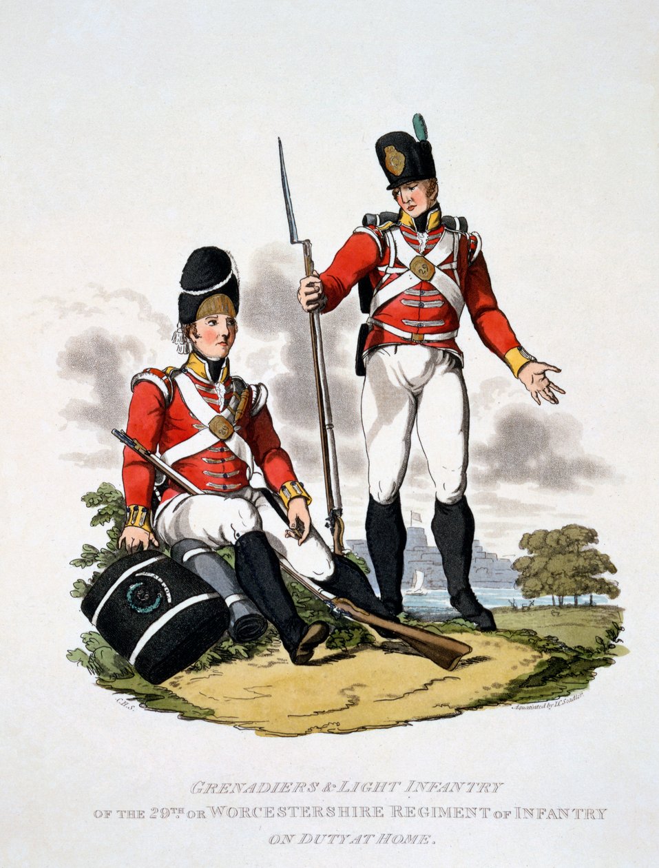 Uniforma granátníků a lehké pěchoty 20. nebo Worcestershire Regiment, z „Kostým Britského impéria, podle posledních předpisů“, publikovaná v roce 1813 (ručně kolorovaná akvatinta) od Charles Hamilton Smith