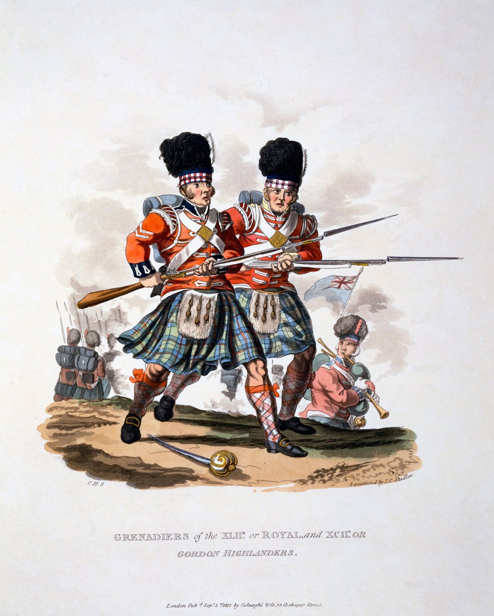 Uniforma královských granátníků a gordonských horalů z „Kostýmu Britského impéria podle posledních předpisů“, publikovaná v roce 1812 (ručně kolorovaná akvatinta) od Charles Hamilton Smith