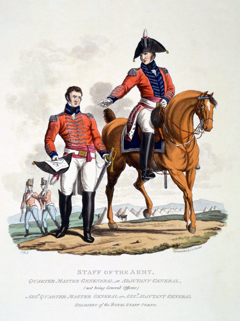 Uniformy vojáků Royal Staff Corps, z „Kostým Britského impéria, podle posledních předpisů“, vydané v roce 1813 (ručně kolorovaná akvatinta) od Charles Hamilton Smith