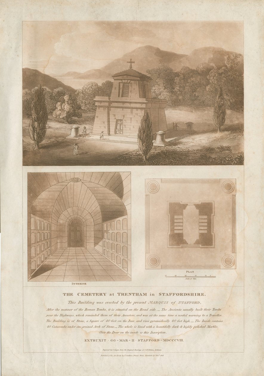 Trentham - Mauzoleum: červenohnědá rytina akvatinty, nd [c 1808] (tisk) od Charles Heathcote Tatham