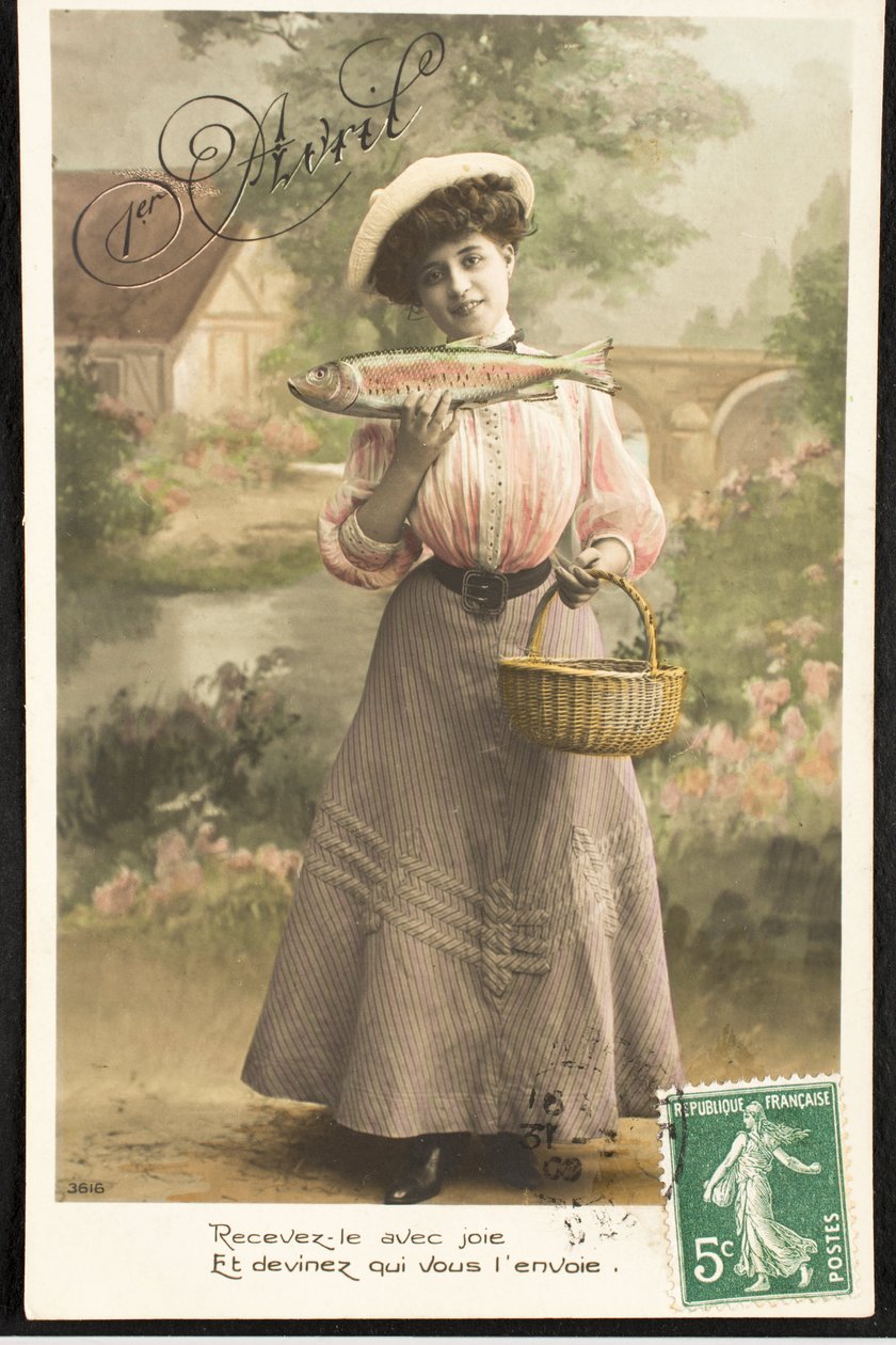 Stará pohlednice/Aprílová ryba/Žena z Belle Epoque od Augustus Kollner
