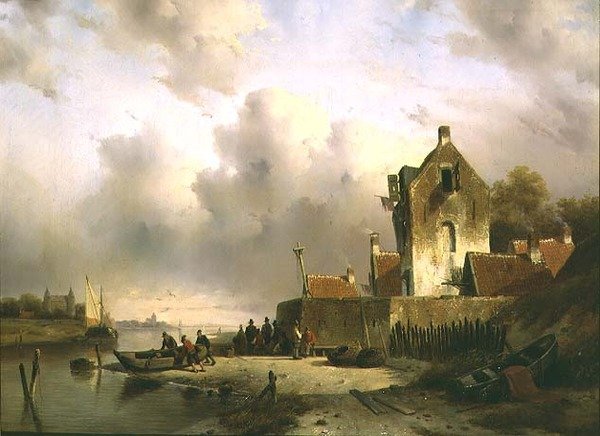 Ústí s rybáři u přístaviště od Charles Henri Joseph Lieckert