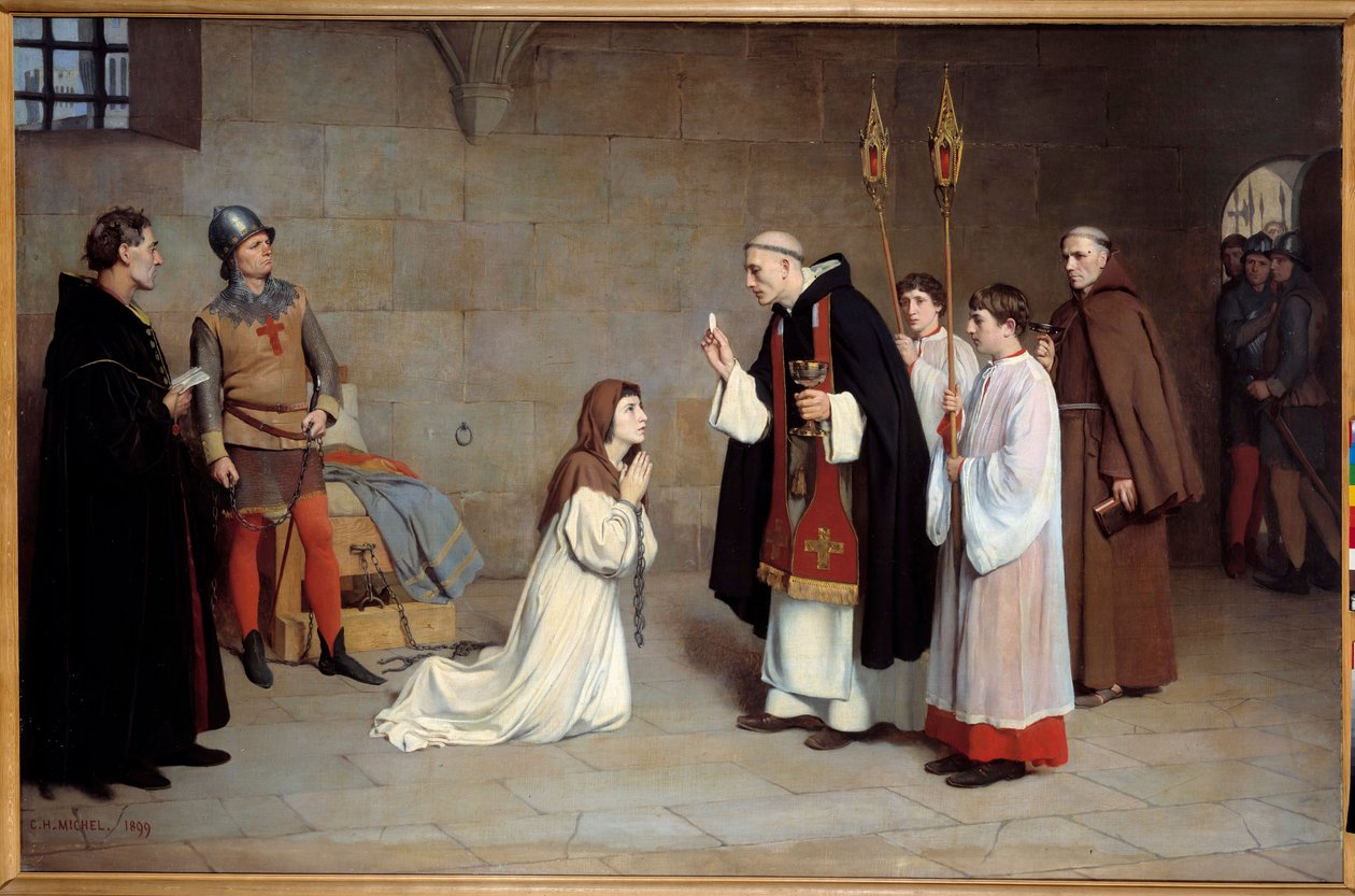 Stoletá válka: “” Poslední přijímání Johanky z Arku (1412-1431)” Obraz Charles Henri Michel (1817-1905) 1899. Ne. 0,73x0,6 m Rouen, musee des Beaux Arts - Stoletá válka: „“ Poslední přijímání Johanky z Arku (1412-1431) „“. Obraz od Charla od Charles Henri Michel