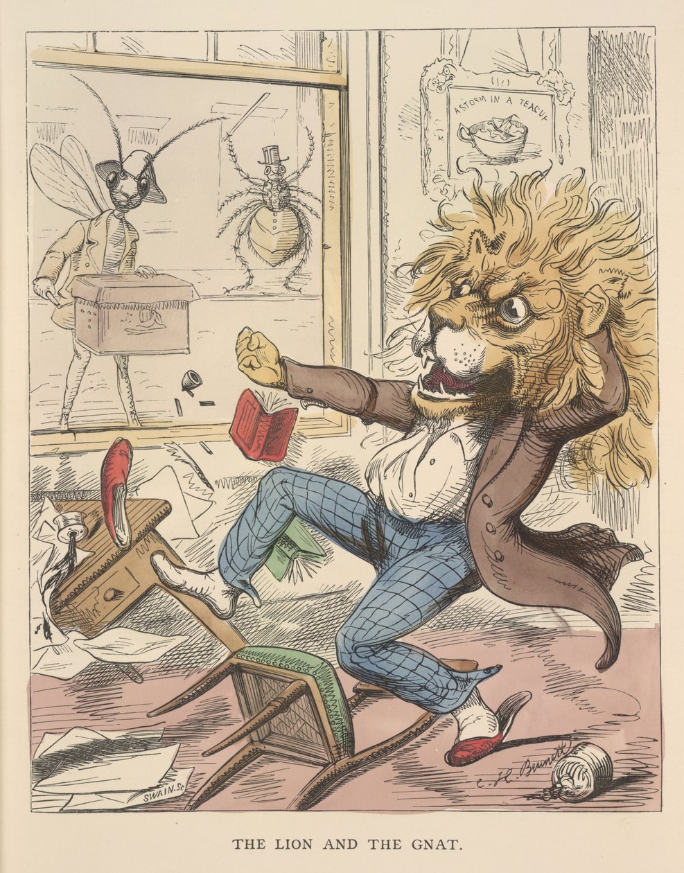Lev a Gnat, ilustrace z „Bajky Ezop a další“ od Charles Henry (after) Bennett