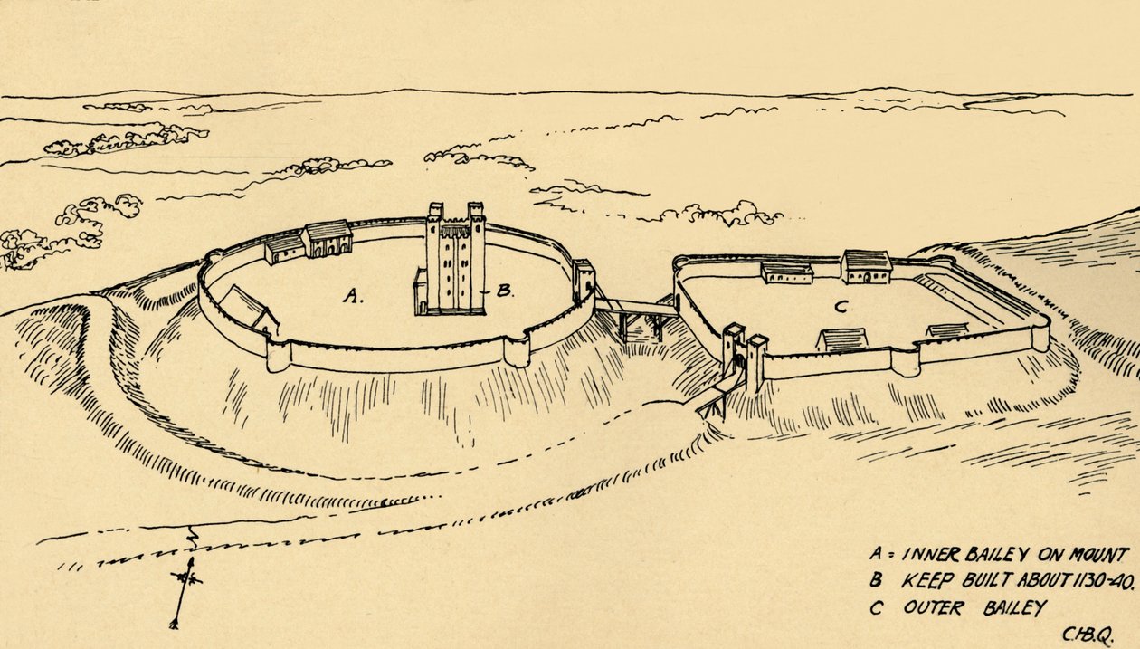 Pohled z ptačí perspektivy na hrad Hedingham, částečná rekonstrukce Essexu., 1931 od Charles Henry Bourne Quennell