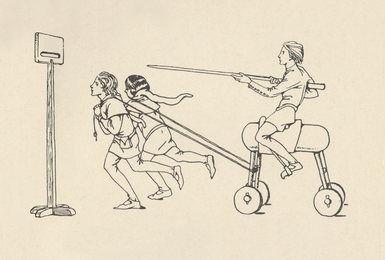Chlapci hrají na Riding at the Quintain Romance of Alexander, asi 1340. Bodleian, 1931 od Charles Henry Bourne Quennell