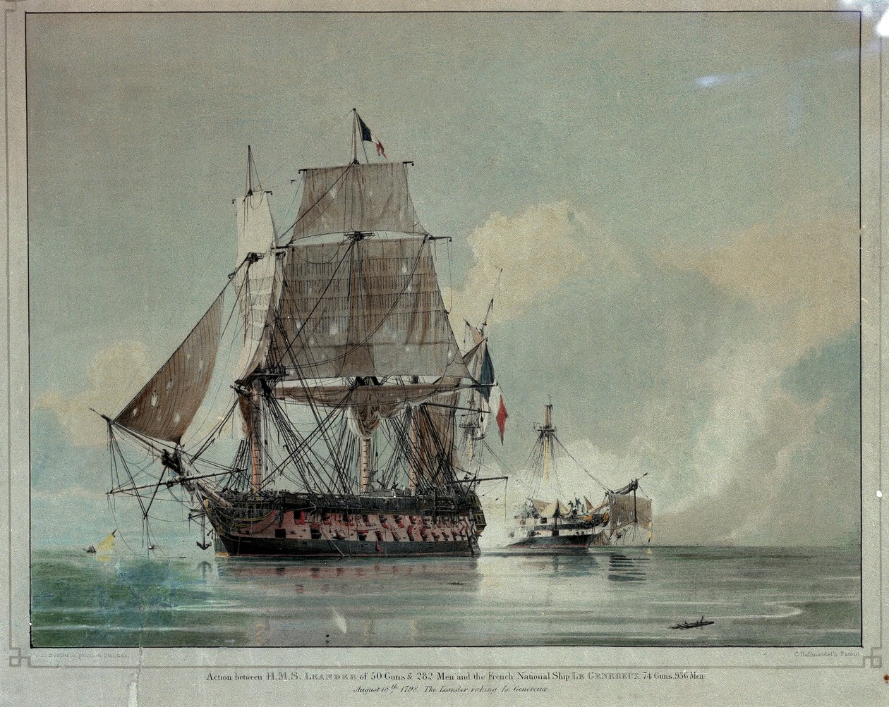 Akce mezi HMS "Leander" a francouzskou lodí "Le Genereux" 18. srpna 1798 (kolorovaná litografie) od Charles Henry Seaforth