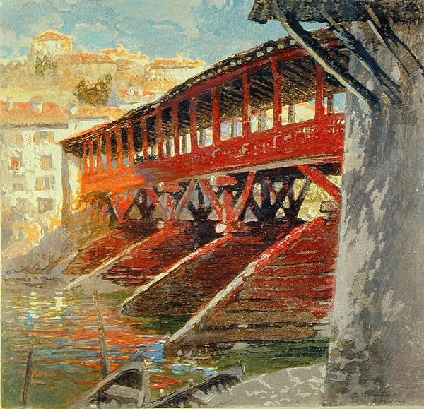 Ponte degli Alpini, Bassano del Grappa, kolem roku 1910 (reliéfní tisk) od Charles Hodge Mackie