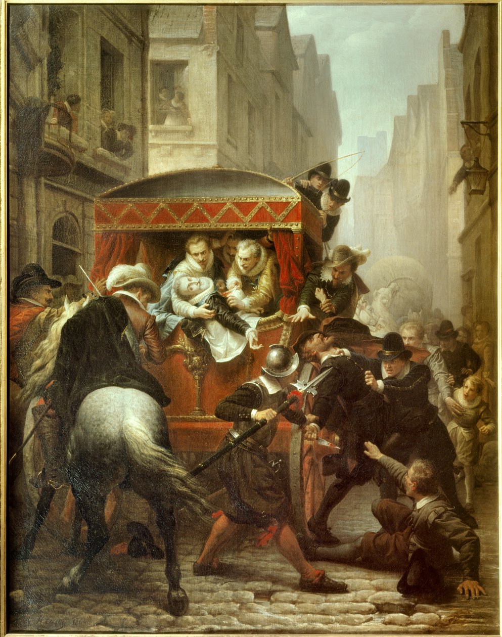 Smrt Jindřicha IV.: „“Atentát na francouzského krále Jindřicha IV a zatčení Ravaillaca““ Atentát na krále Jindřicha IV. (1553-1610) a zatčení Francoise Ravaillaca (1578-1610) dne 14.5.1610 v rue de la Ferronnerie v Paříži. Obraz Charles Gustave Ho od Charles Housez