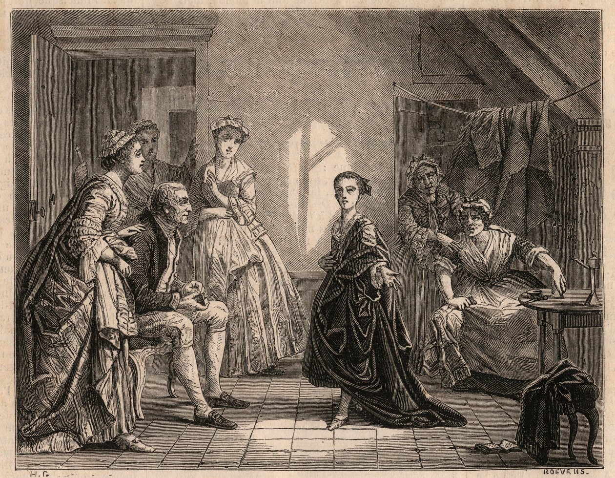 Dětství mademoiselle Clairon: mladá Claire-Josephe (Claire Josephe) Leris (1723-1803) recituje verše hry, kterou právě viděla. Stala se komikou pod jménem „Mademoiselle Clairon“ nebo „“ La Clairon“. Rytina z roku 1862 od malíře od Charles Housez