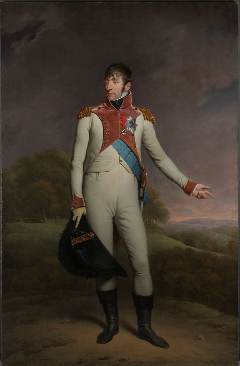 Portrét Ludvíka Napoleona, krále Holandska Louis Napoleon (1778-1846), král Holandska v letech 1806 až 1810, v uniformě pěších plavčíků, zdobený Velkým křížem Královského řádu Unie Holandska a Důstojnickým křížem L. od Charles Howard Hodges