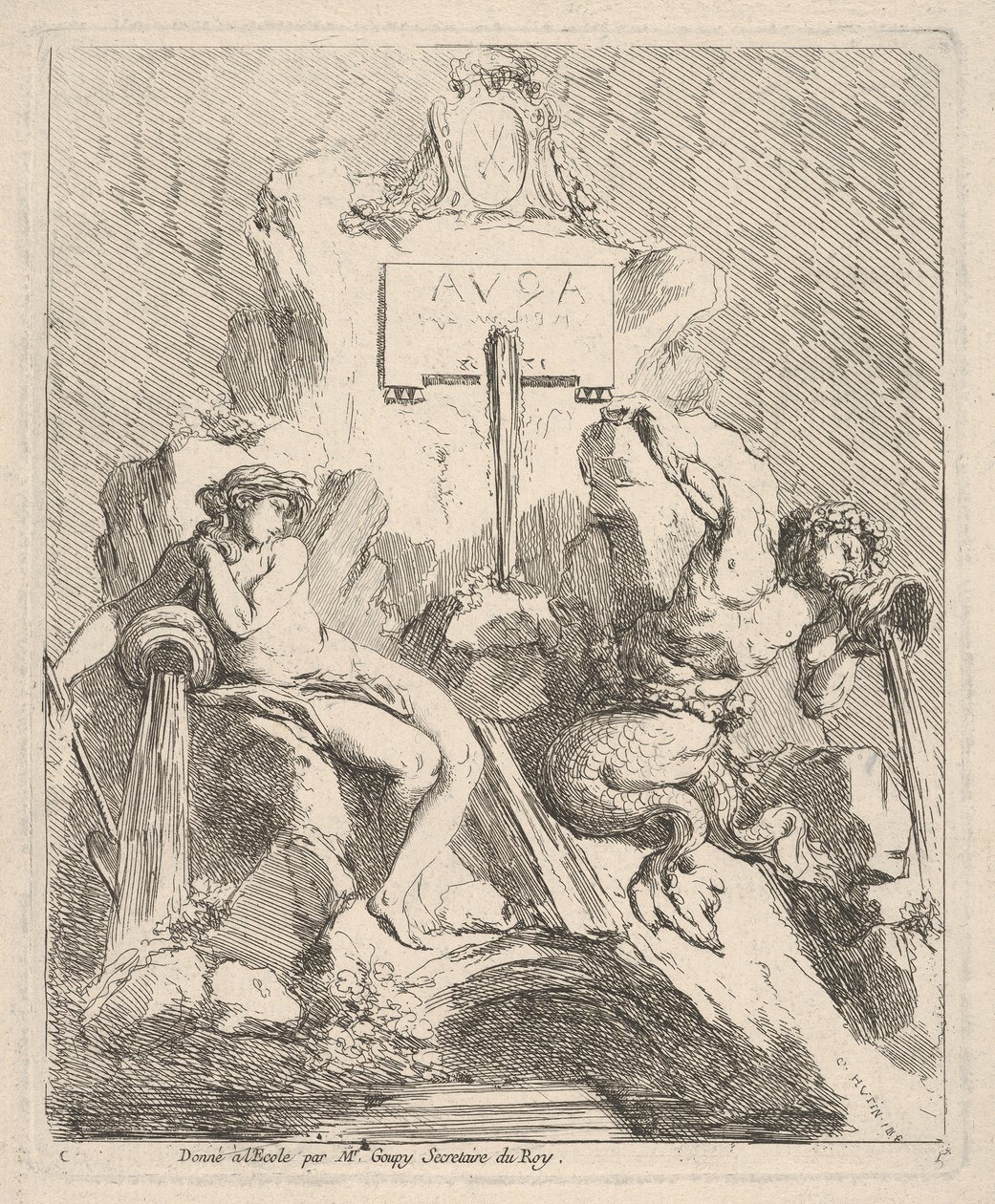 Design pro fontánu se sedící nymfou vlevo a tritonem držícím mušli u úst ..., 1768. od Charles Hutin