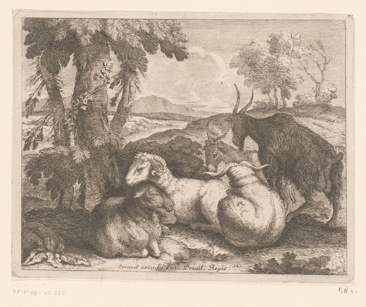 Ovce a kozy pod stromem Zvířecí série (název série) od Charles II Errard (attributed to)