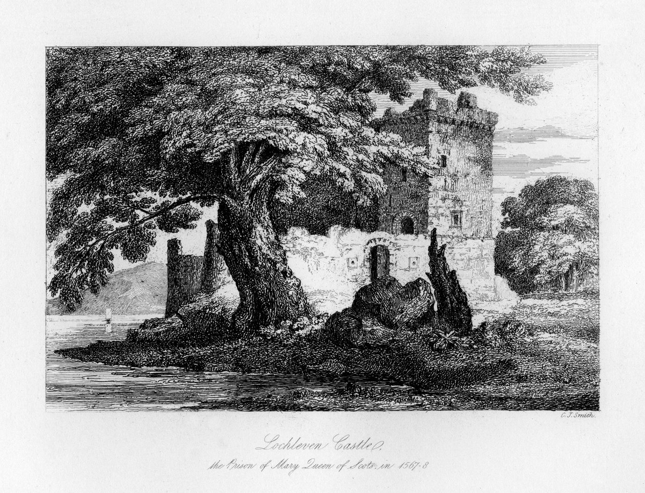 Hrad Lochleven, Skotsko, vězení Marie, královny Skotska, 1840 od Charles J. Smith
