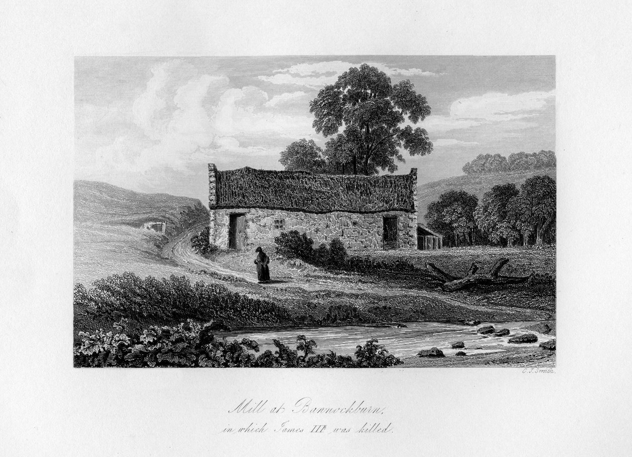 Mill at Bannockburn, ve kterém byl James III ze Skotska zabit v roce 1488, 1840. od Charles J. Smith