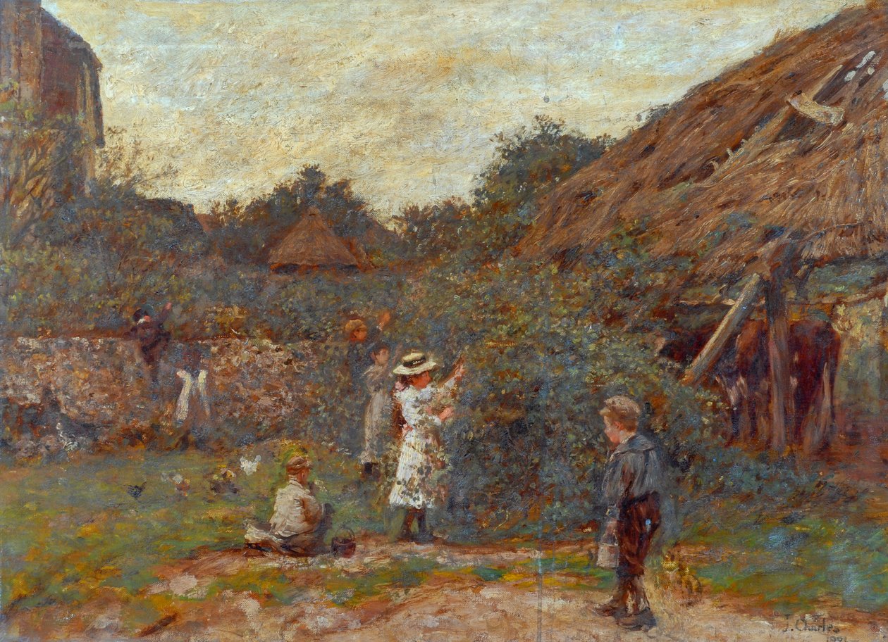 Scéna na dvoře s dětmi trhajícími ovoce, 1901 od Charles James