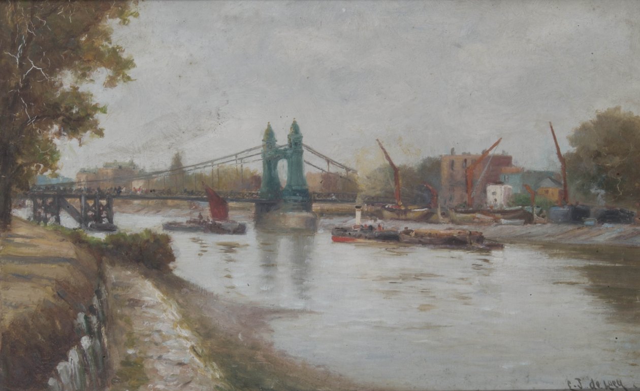 Hammersmith Bridge - současný - po roce 1887 - při pohledu z pobřeží Surrey od Charles John de Lacy