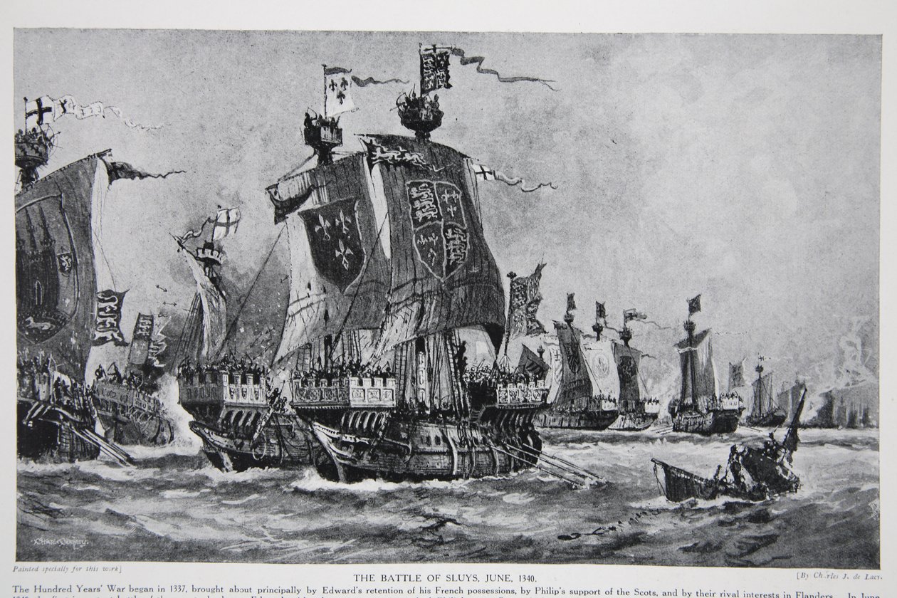 Bitva u Sluys, 24. června 1340, ilustrace z „Hutchinsonova příběhu britského národa“, kolem roku 1923 od Charles John de Lacy